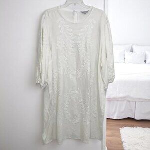 Ophelia Roe Floral Embroidered Midi Dress Balloon Sleeve Linen Blend Ivory 3X